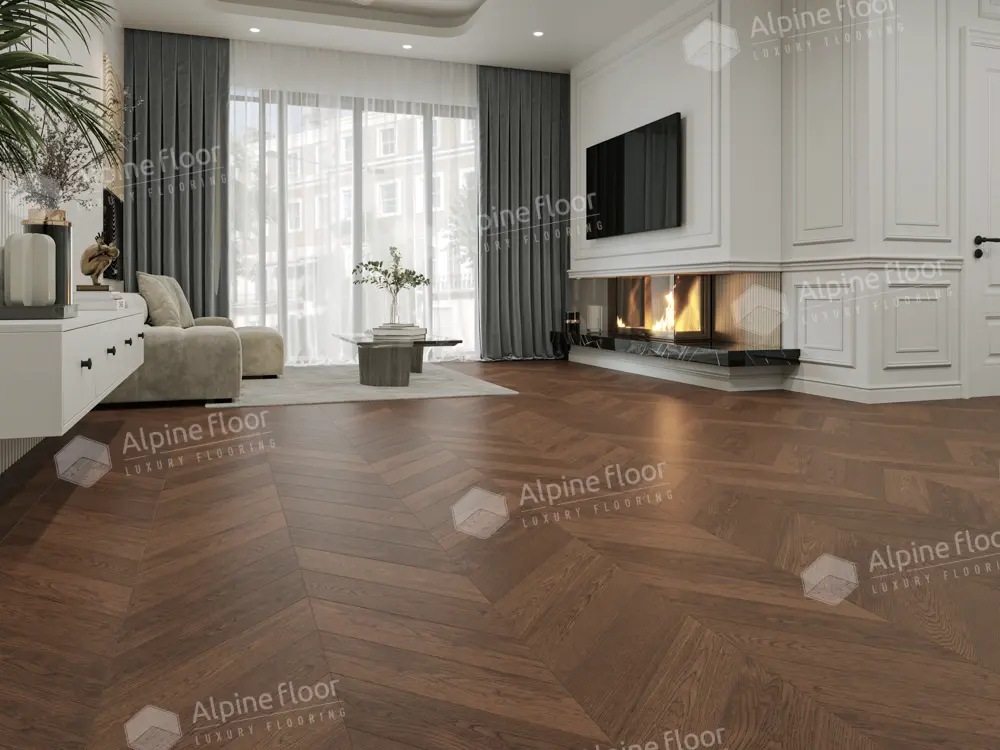 Инженерная доска Alpine Floor Chateau Дуб Браун Стори EW203-09 французская елка 600×120×12 фото в интерьере